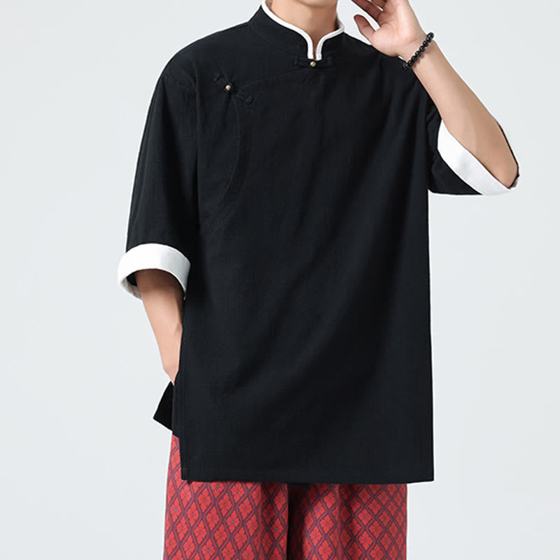 Koszula męska z bawełny i lnu z krótkim rękawem i półrękawem w stylu vintage z kołnierzykiem ze skośnymi plisami Buddha Stones - image 21