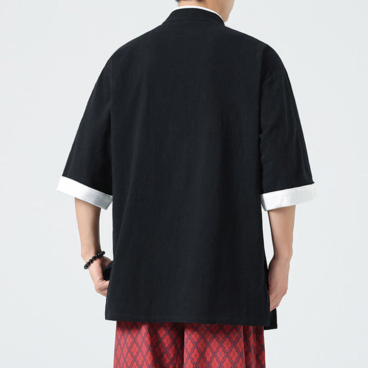 Koszula męska z bawełny i lnu z krótkim rękawem i półrękawem w stylu vintage z kołnierzykiem ze skośnymi plisami Buddha Stones - image 19