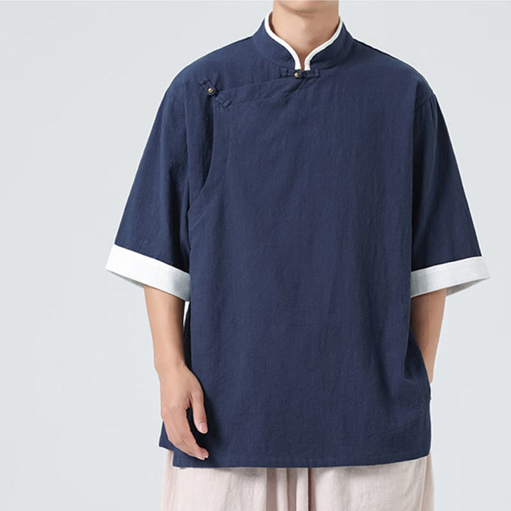 Koszula męska z bawełny i lnu z krótkim rękawem i półrękawem w stylu vintage z kołnierzykiem ze skośnymi plisami Buddha Stones - image 6