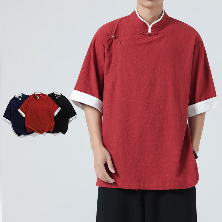 Koszula męska z bawełny i lnu z krótkim rękawem i półrękawem w stylu vintage z kołnierzykiem ze skośnymi plisami Buddha Stones - Karmazynowy - US/UK/AU46， EU56 (5XL) - image 24
