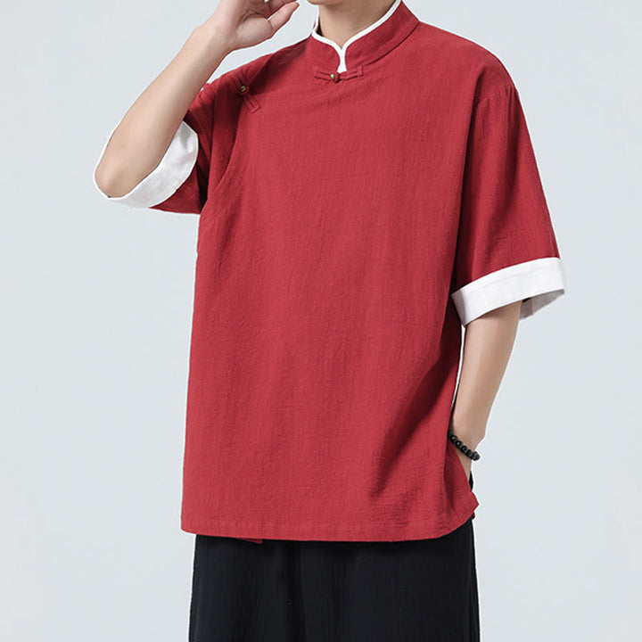 Koszula męska z bawełny i lnu z krótkim rękawem i półrękawem w stylu vintage z kołnierzykiem ze skośnymi plisami Buddha Stones - image 25