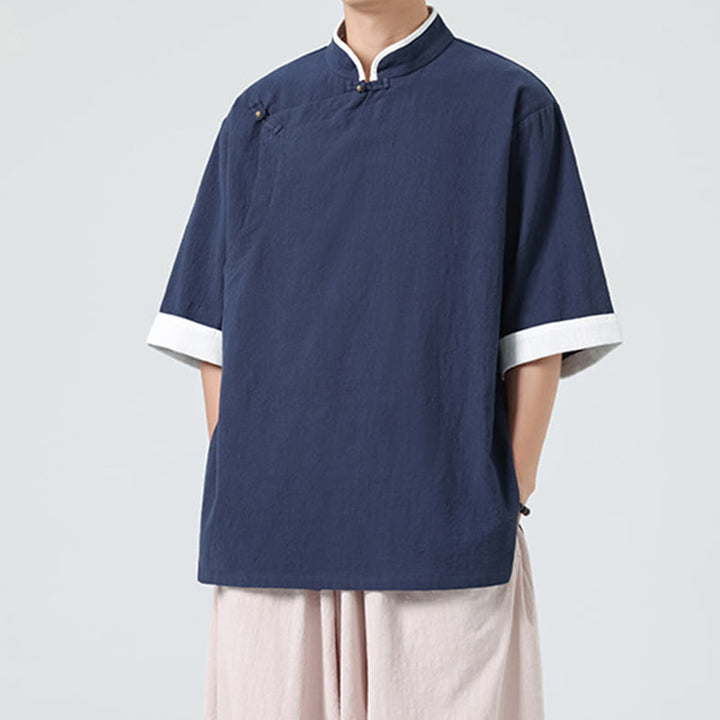 Koszula męska z bawełny i lnu z krótkim rękawem i półrękawem w stylu vintage z kołnierzykiem ze skośnymi plisami Buddha Stones - MidnightBlue - US/UK/AU46， EU56 (5XL) - image 0