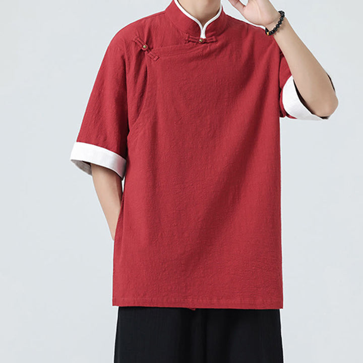 Koszula męska z bawełny i lnu z krótkim rękawem i półrękawem w stylu vintage z kołnierzykiem ze skośnymi plisami Buddha Stones - image 26