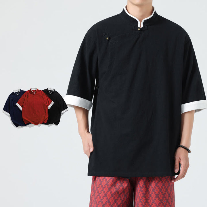 Koszula męska z bawełny i lnu z krótkim rękawem i półrękawem w stylu vintage z kołnierzykiem ze skośnymi plisami Buddha Stones - Czarny - US/UK/AU46， EU56 (5XL) - image 14