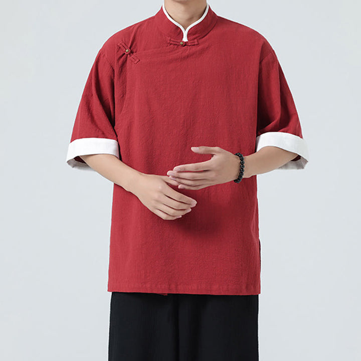 Koszula męska z bawełny i lnu z krótkim rękawem i półrękawem w stylu vintage z kołnierzykiem ze skośnymi plisami Buddha Stones - image 29