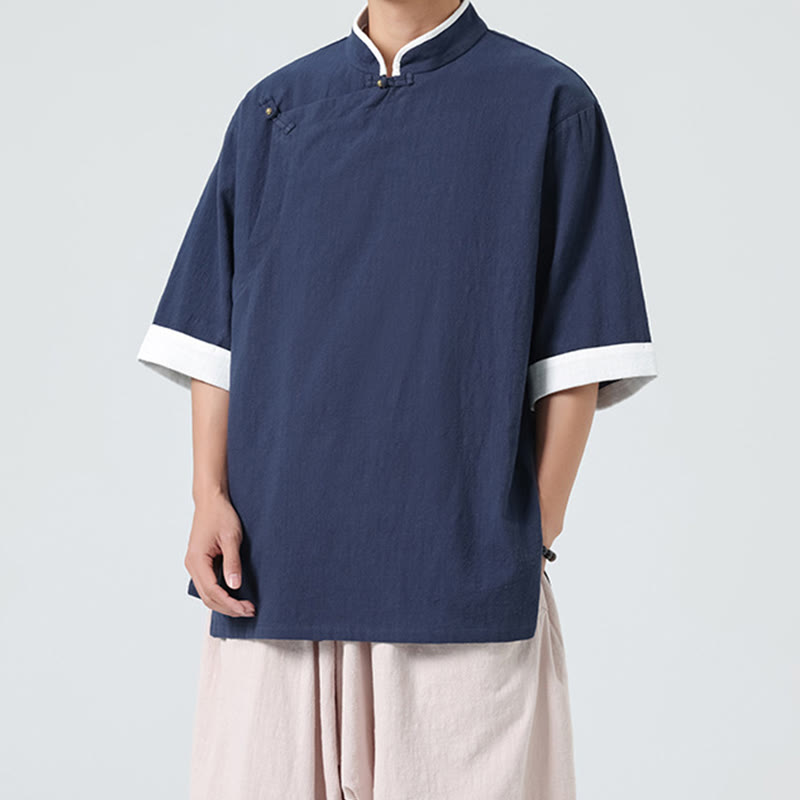 Koszula męska z bawełny i lnu z krótkim rękawem i półrękawem w stylu vintage z kołnierzykiem ze skośnymi plisami Buddha Stones - image 1