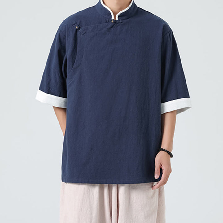 Koszula męska z bawełny i lnu z krótkim rękawem i półrękawem w stylu vintage z kołnierzykiem ze skośnymi plisami Buddha Stones - image 2