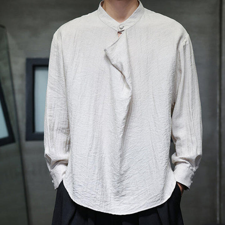 Koszula męska z długim rękawem z lnu Buddha Stones Spring Solid Color z plisowanym kołnierzykiem i wzorem Tang Suit - image 19