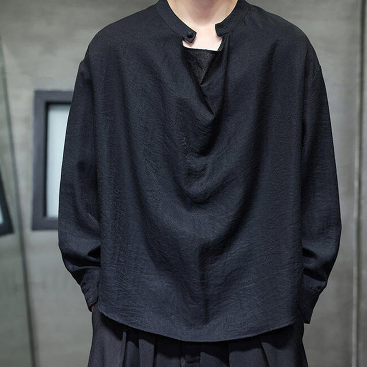 Koszula męska z długim rękawem z lnu Buddha Stones Spring Solid Color z plisowanym kołnierzykiem i wzorem Tang Suit - image 10