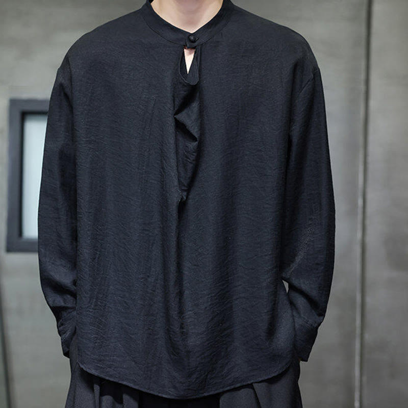 Koszula męska z długim rękawem z lnu Buddha Stones Spring Solid Color z plisowanym kołnierzykiem i wzorem Tang Suit - image 11