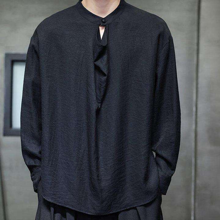 Koszula męska z długim rękawem z lnu Buddha Stones Spring Solid Color z plisowanym kołnierzykiem i wzorem Tang Suit - image 11