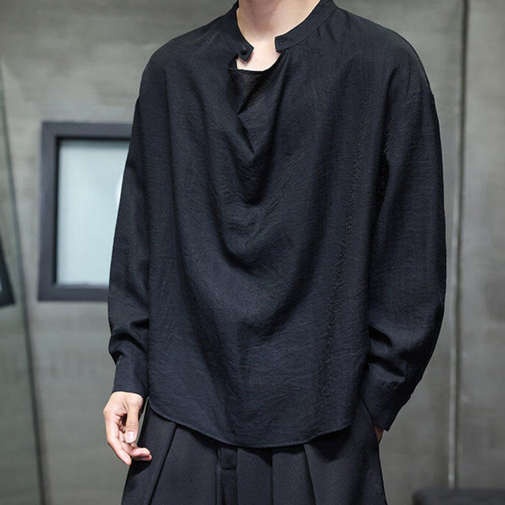 Koszula męska z długim rękawem z lnu Buddha Stones Spring Solid Color z plisowanym kołnierzykiem i wzorem Tang Suit - Czarny - US/UK/AU46， EU56 (5XL) - image 8