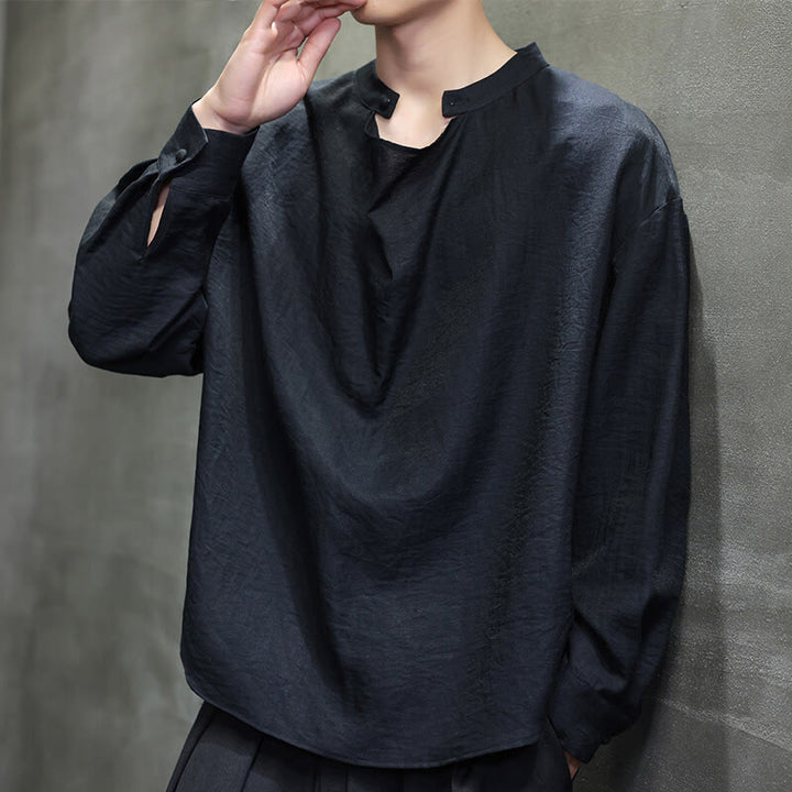 Koszula męska z długim rękawem z lnu Buddha Stones Spring Solid Color z plisowanym kołnierzykiem i wzorem Tang Suit - image 9