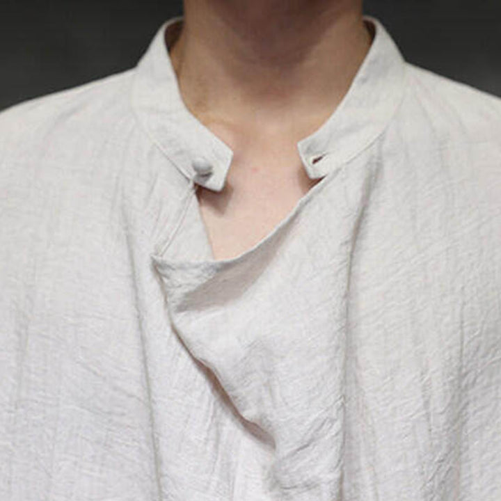 Koszula męska z długim rękawem z lnu Buddha Stones Spring Solid Color z plisowanym kołnierzykiem i wzorem Tang Suit - image 23