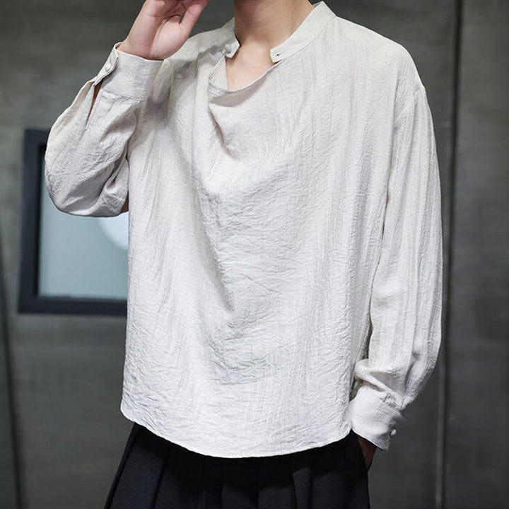 Koszula męska z długim rękawem z lnu Buddha Stones Spring Solid Color z plisowanym kołnierzykiem i wzorem Tang Suit - image 20