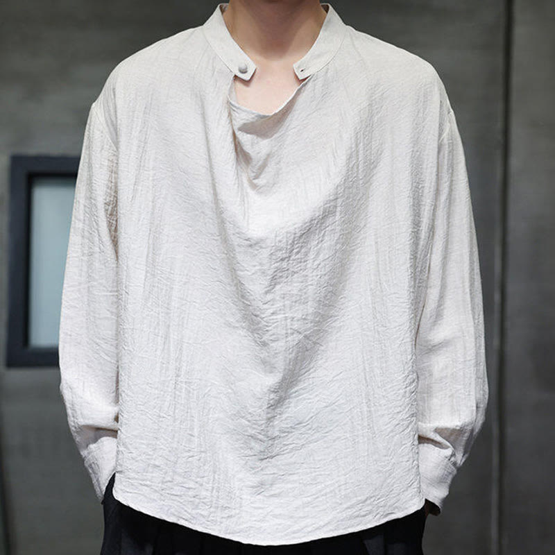 Koszula męska z długim rękawem z lnu Buddha Stones Spring Solid Color z plisowanym kołnierzykiem i wzorem Tang Suit - image 21