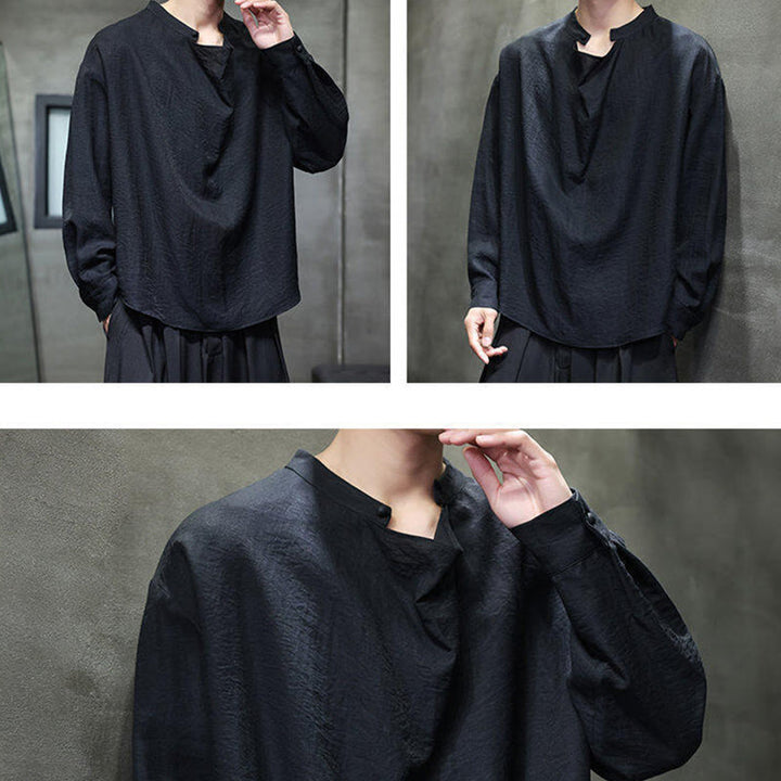 Koszula męska z długim rękawem z lnu Buddha Stones Spring Solid Color z plisowanym kołnierzykiem i wzorem Tang Suit - image 16