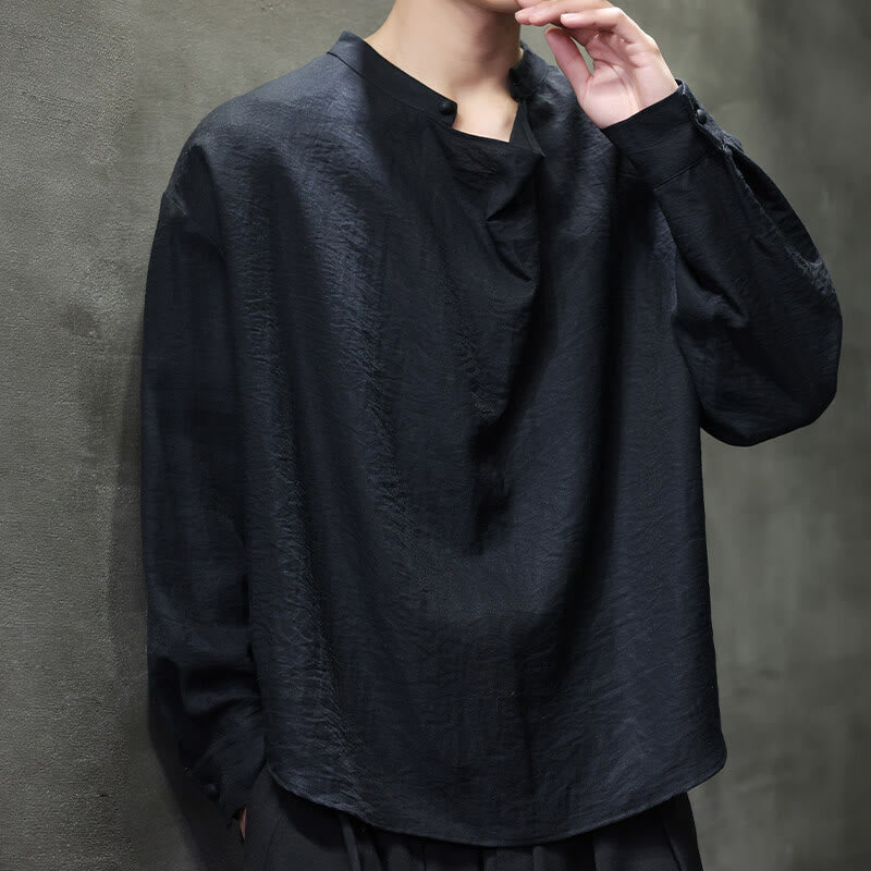 Koszula męska z długim rękawem z lnu Buddha Stones Spring Solid Color z plisowanym kołnierzykiem i wzorem Tang Suit - image 13