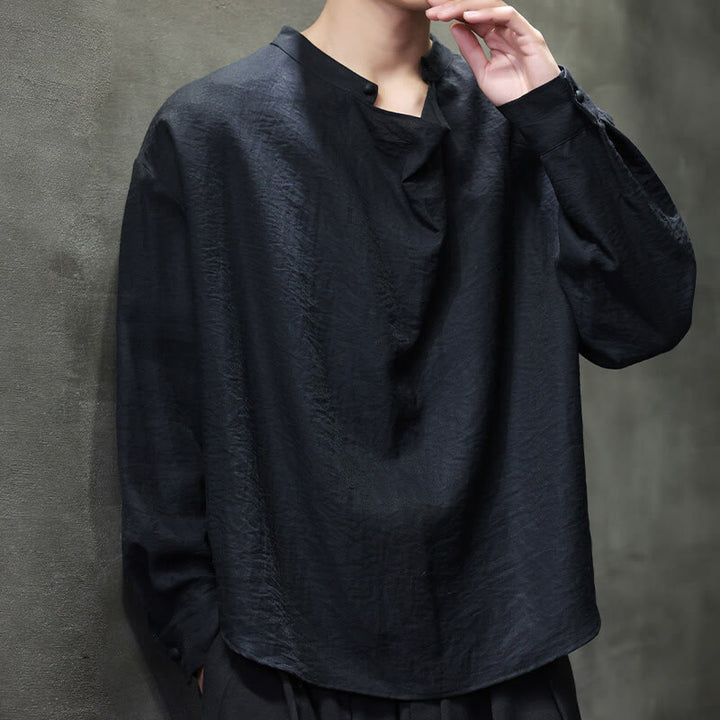 Koszula męska z długim rękawem z lnu Buddha Stones Spring Solid Color z plisowanym kołnierzykiem i wzorem Tang Suit - image 13