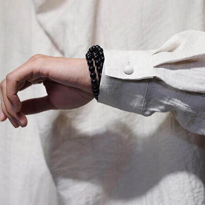 Koszula męska z długim rękawem z lnu Buddha Stones Spring Solid Color z plisowanym kołnierzykiem i wzorem Tang Suit - image 24