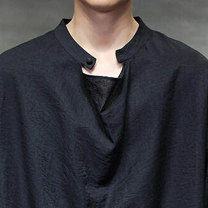 Koszula męska z długim rękawem z lnu Buddha Stones Spring Solid Color z plisowanym kołnierzykiem i wzorem Tang Suit - image 14