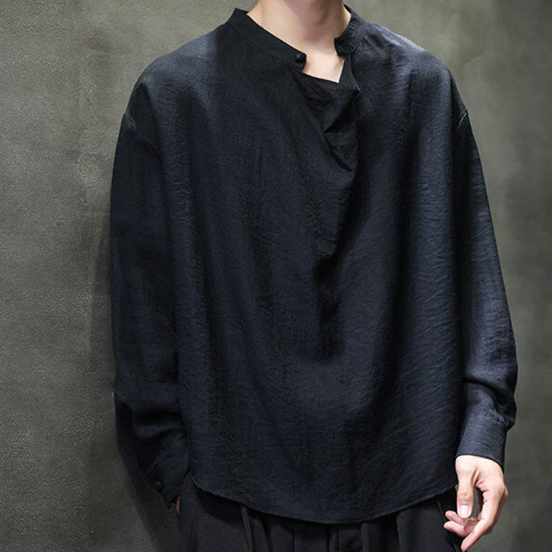 Koszula męska z długim rękawem z lnu Buddha Stones Spring Solid Color z plisowanym kołnierzykiem i wzorem Tang Suit - image 12