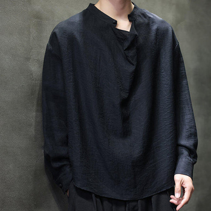 Koszula męska z długim rękawem z lnu Buddha Stones Spring Solid Color z plisowanym kołnierzykiem i wzorem Tang Suit - image 12