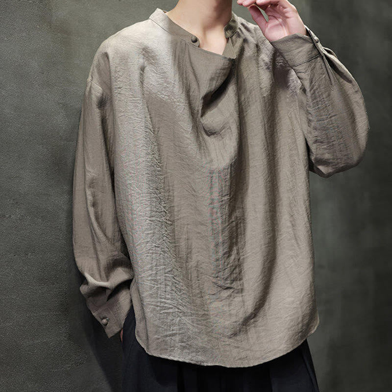 Koszula męska z długim rękawem z lnu Buddha Stones Spring Solid Color z plisowanym kołnierzykiem i wzorem Tang Suit - image 6