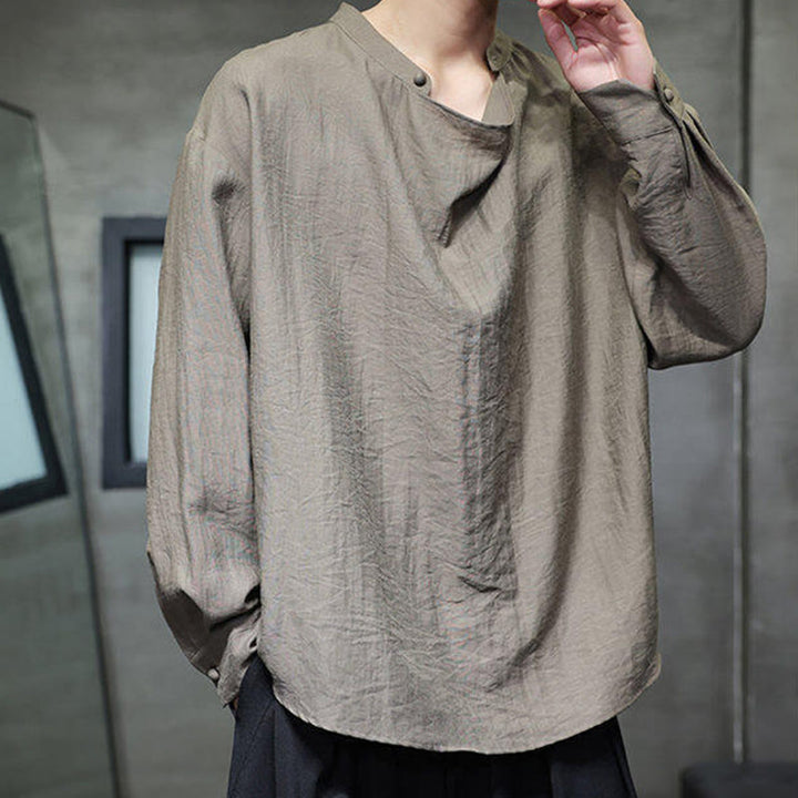 Koszula męska z długim rękawem z lnu Buddha Stones Spring Solid Color z plisowanym kołnierzykiem i wzorem Tang Suit - image 1