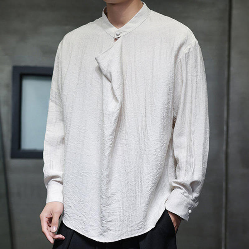 Koszula męska z długim rękawem z lnu Buddha Stones Spring Solid Color z plisowanym kołnierzykiem i wzorem Tang Suit - FloralWhite - US/UK/AU46， EU56 (5XL) - image 17
