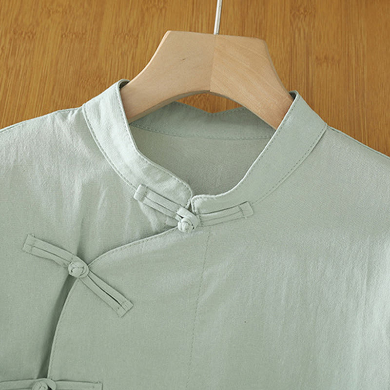 Koszula damska z bawełny Buddha Stones Casual Vintage Chinese Frog-Button Lace-Up Patchwork Design - image 1