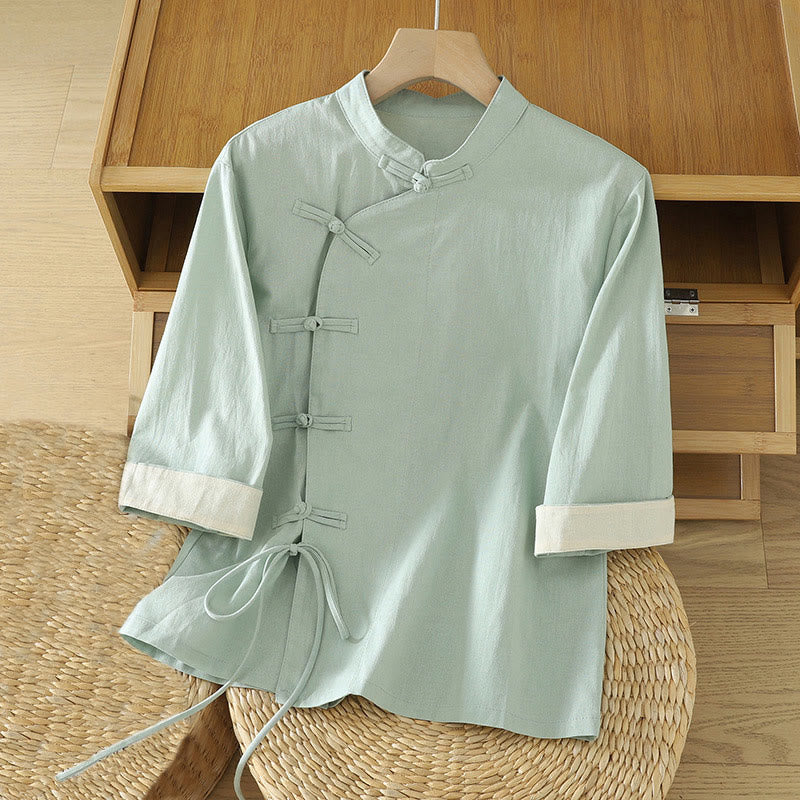 Koszula damska z bawełny Buddha Stones Casual Vintage Chinese Frog-Button Lace-Up Patchwork Design - Akwamaryn - US8-10，UK/AU12-14，EU40-42 (2XL) - image 0