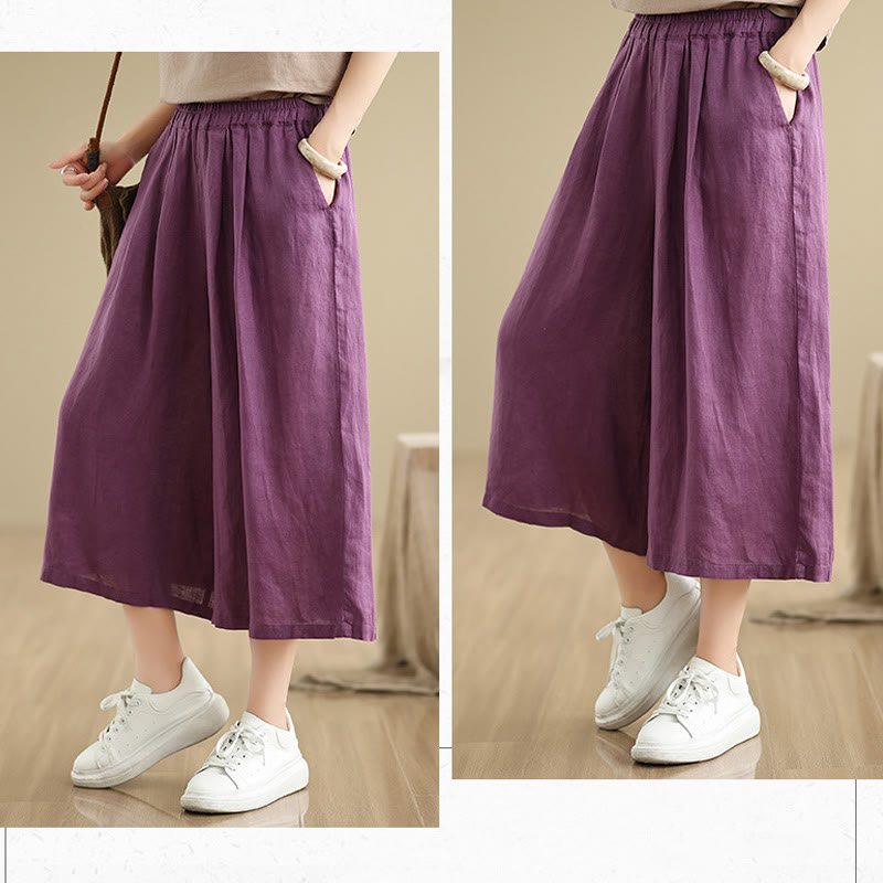 Buddha Stones Letnie Jednolity Kolor Patchwork Prosty Design Damskie Bawełniane Szerokie Nogawki Spodnie Z Kieszeniami