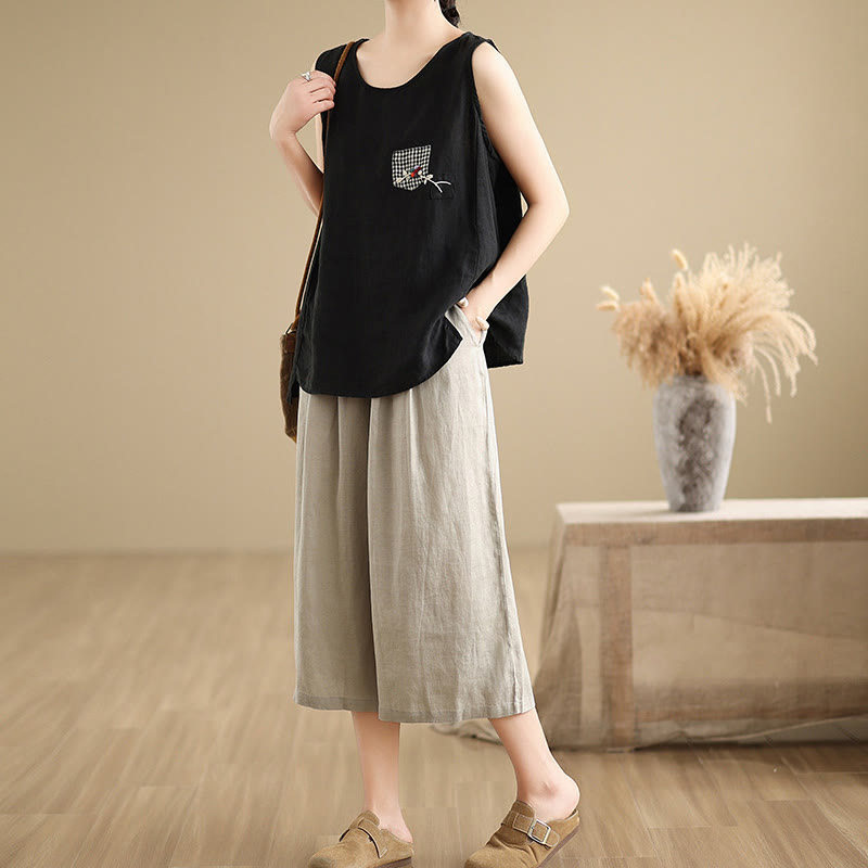 Buddha Stones Letnie Jednolity Kolor Patchwork Prosty Design Damskie Bawełniane Szerokie Nogawki Spodnie Z Kieszeniami