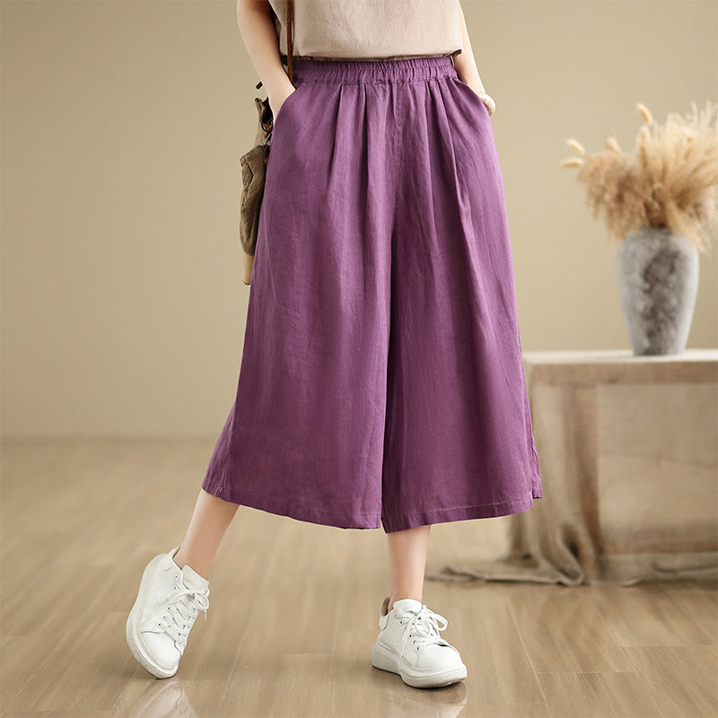 Buddha Stones Letnie Jednolity Kolor Patchwork Prosty Design Damskie Bawełniane Szerokie Nogawki Spodnie Z Kieszeniami