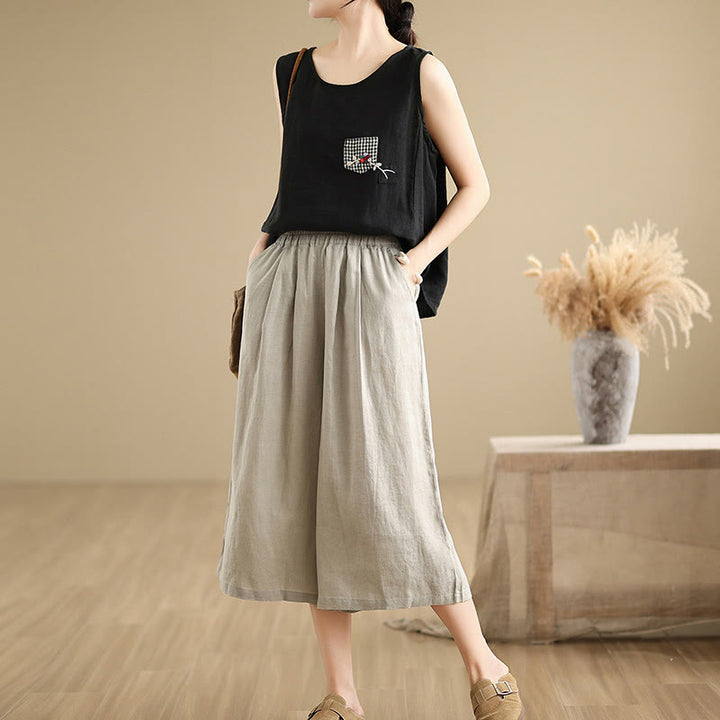 Buddha Stones Letnie Jednolity Kolor Patchwork Prosty Design Damskie Bawełniane Szerokie Nogawki Spodnie Z Kieszeniami