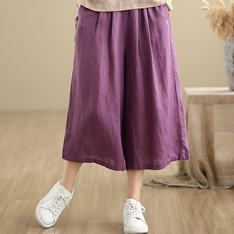 Buddha Stones Letnie Jednolity Kolor Patchwork Prosty Design Damskie Bawełniane Szerokie Nogawki Spodnie Z Kieszeniami