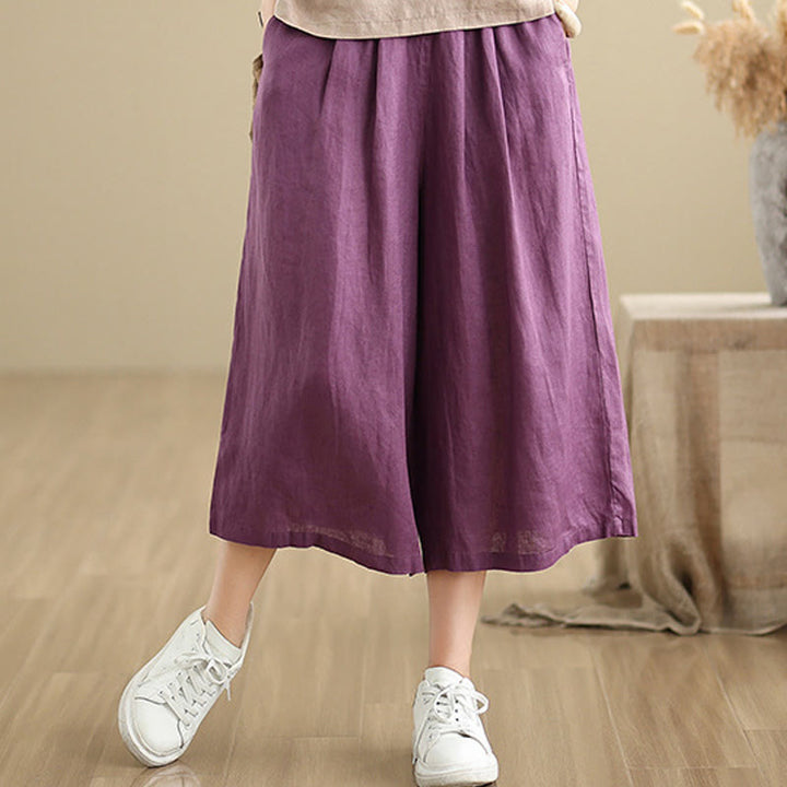 Buddha Stones Letnie Jednolity Kolor Patchwork Prosty Design Damskie Bawełniane Szerokie Nogawki Spodnie Z Kieszeniami