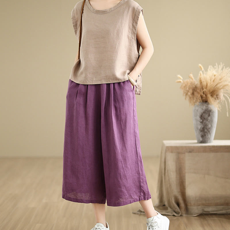 Buddha Stones Letnie Jednolity Kolor Patchwork Prosty Design Damskie Bawełniane Szerokie Nogawki Spodnie Z Kieszeniami