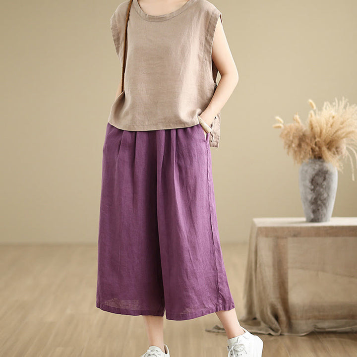 Buddha Stones Letnie Jednolity Kolor Patchwork Prosty Design Damskie Bawełniane Szerokie Nogawki Spodnie Z Kieszeniami