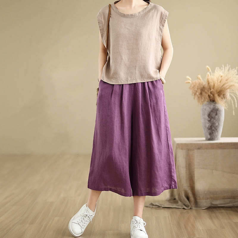 Buddha Stones Letnie Jednolity Kolor Patchwork Prosty Design Damskie Bawełniane Szerokie Nogawki Spodnie Z Kieszeniami