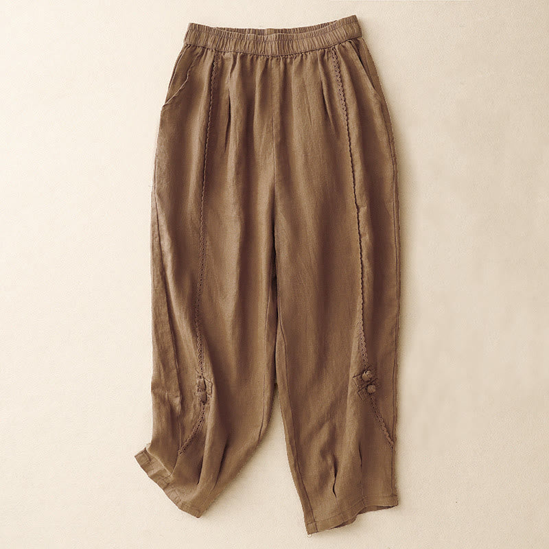 Buddha Stones Letnie Żabki-Guziki Koronkowe Wysokie Spodnie Damskie Z Lnianej Bawełny Z Kieszeniami - Sjena - US8-10，UK/AU12-14，EU40-42 (2XL) - image 13