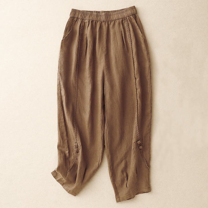 Buddha Stones Letnie Żabki-Guziki Koronkowe Wysokie Spodnie Damskie Z Lnianej Bawełny Z Kieszeniami - Sjena - US8-10，UK/AU12-14，EU40-42 (2XL) - image 13