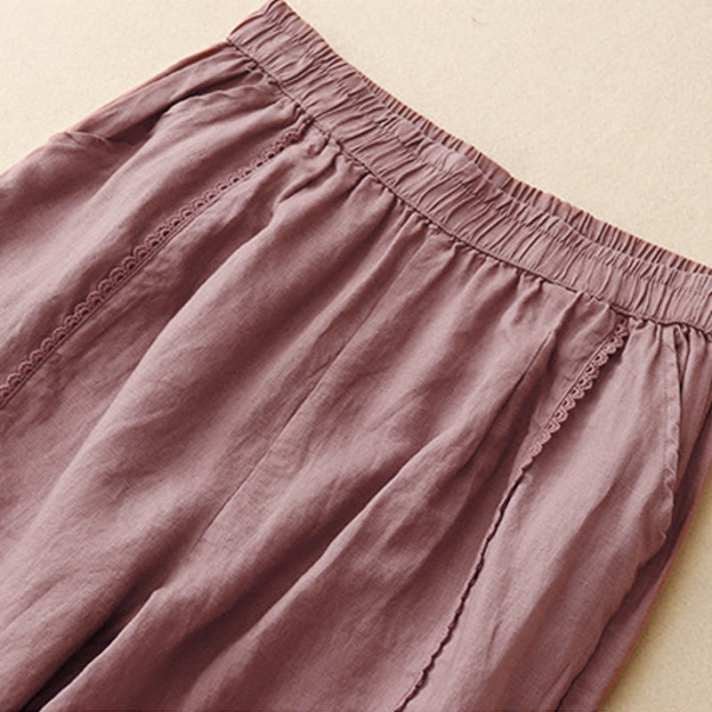 Buddha Stones Letnie Żabki-Guziki Koronkowe Wysokie Spodnie Damskie Z Lnianej Bawełny Z Kieszeniami - image 10