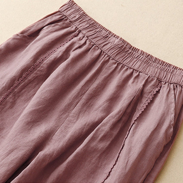 Buddha Stones Letnie Żabki-Guziki Koronkowe Wysokie Spodnie Damskie Z Lnianej Bawełny Z Kieszeniami - image 10