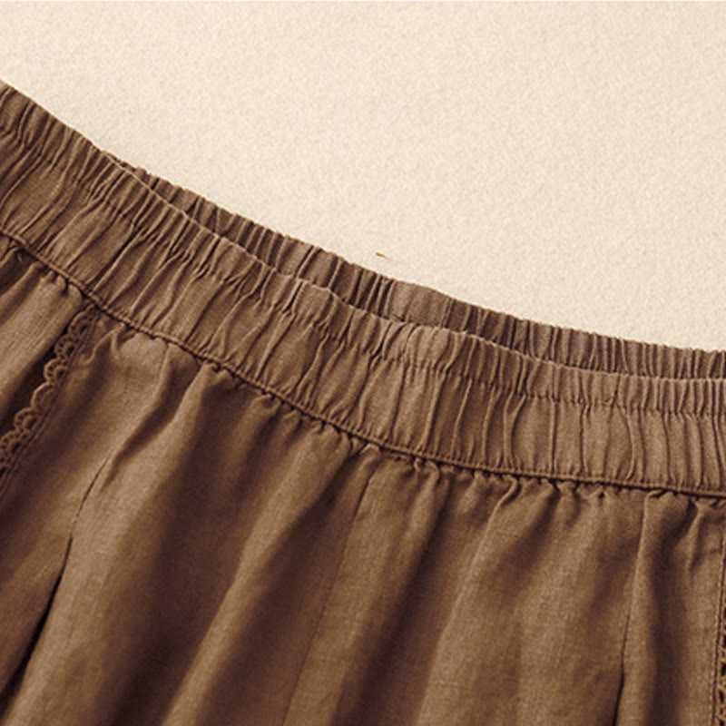 Buddha Stones Letnie Żabki-Guziki Koronkowe Wysokie Spodnie Damskie Z Lnianej Bawełny Z Kieszeniami - image 14