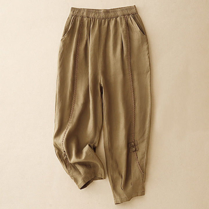 Buddha Stones Letnie Żabki-Guziki Koronkowe Wysokie Spodnie Damskie Z Lnianej Bawełny Z Kieszeniami - Nawłoć - US8-10，UK/AU12-14，EU40-42 (2XL) - image 12