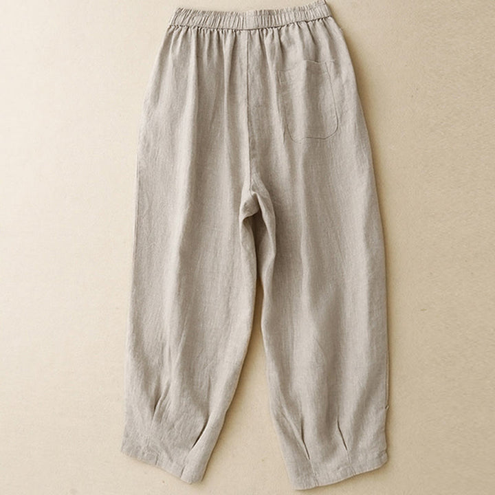 Buddha Stones Letnie Żabki-Guziki Koronkowe Wysokie Spodnie Damskie Z Lnianej Bawełny Z Kieszeniami - image 1
