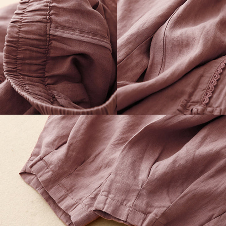 Buddha Stones Letnie Żabki-Guziki Koronkowe Wysokie Spodnie Damskie Z Lnianej Bawełny Z Kieszeniami - image 11