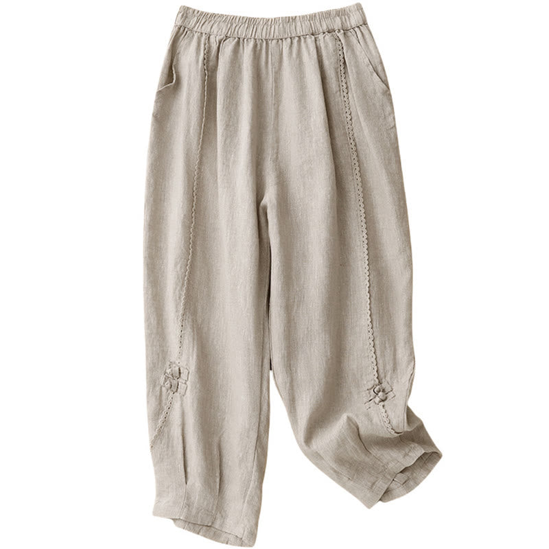Buddha Stones Letnie Żabki-Guziki Koronkowe Wysokie Spodnie Damskie Z Lnianej Bawełny Z Kieszeniami - image 8